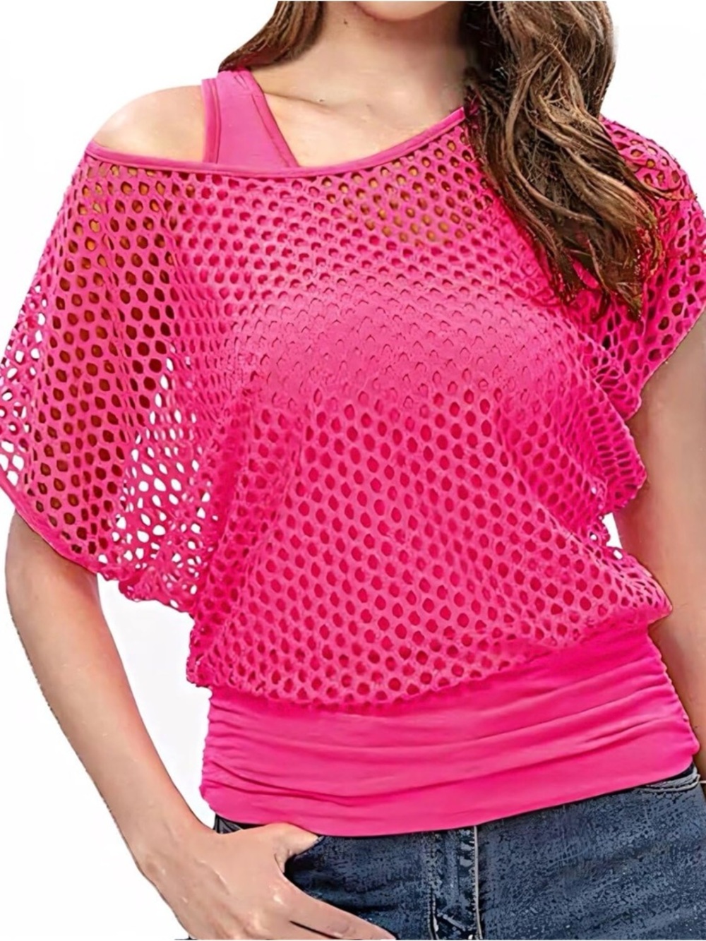 Pink Mesh Layered Cold-Shoulder Blouse - Unbranded